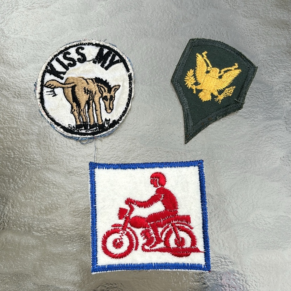 VTG Embroidered Patches: Military Army Gold Eagle, Man w Motorcycle, Kiss My Ass